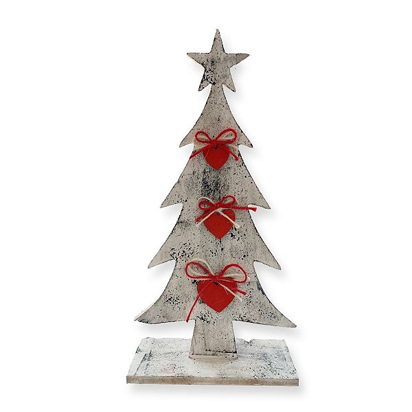 Enfeite de Madeira Pinheiro Rústico Corações Vermelhos 30cm - 01 unidade - Rizzo Embalagens