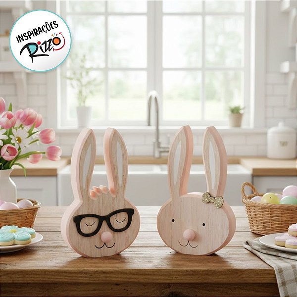 Carinha de Coelhos em Madeira Natural Rosa - P 15x10x2cm - Linha Fun - Cromus Páscoa - Rizzo Embalagens