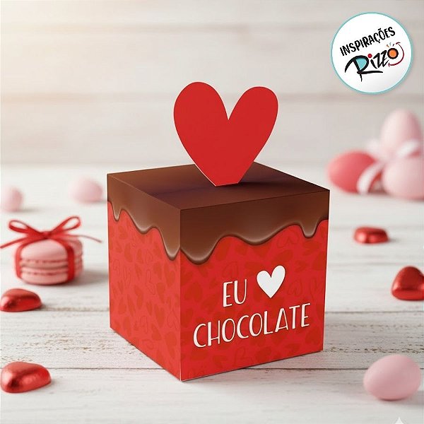 Caixa Pop Up Eu Amo Chocolate P 7x7x7cm - 10 unidades - Cromus Páscoa - Rizzo Embalagens