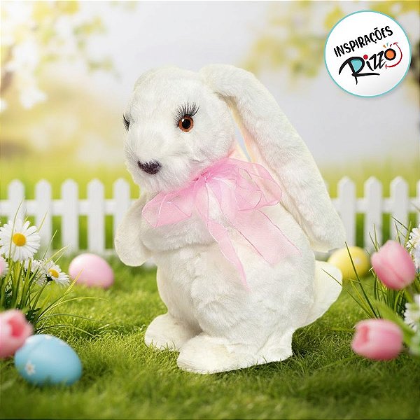 Coelho Pelo Macio Laço Rosa Cílios Longos M - 25cm x 13cm x 13cm - Cromus Páscoa - Rizzo Embalagens