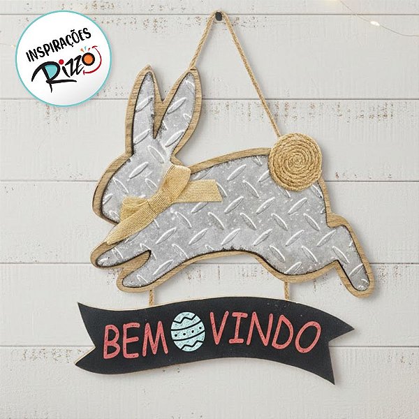 Placa Decorativa Coelho com Pompom de Juta Bem Vindo 36cm - 1 unidade - Cromus - Rizzo