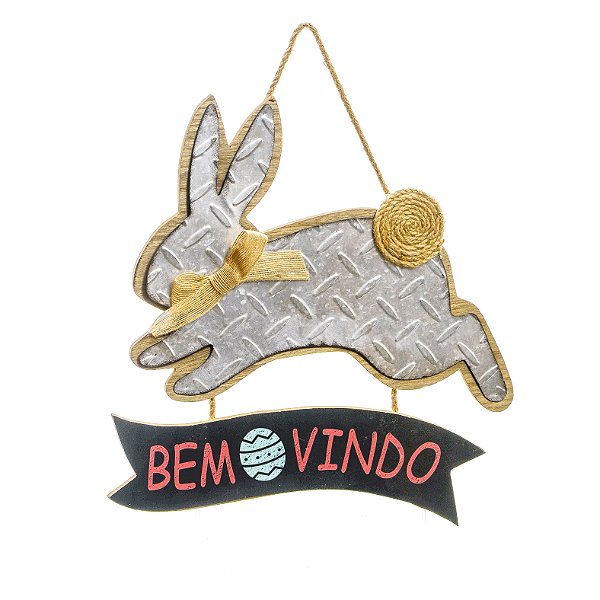 Placa Decorativa Coelho com Pompom de Juta Bem Vindo 36cm - 1 unidade - Cromus - Rizzo