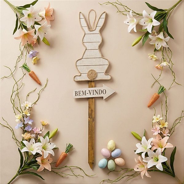 Placa Decorativa Jardim Coelho com Pompom Bem Vindo 91cm - 01 unidade - Cromus Páscoa - Rizzo Embalagens