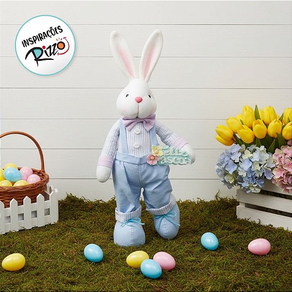 Coelho com Feliz Páscoa e Pé para Trás Azul - 45cm x 20cm x 10cm - 1 unidade - Cromus Páscoa - Rizzo