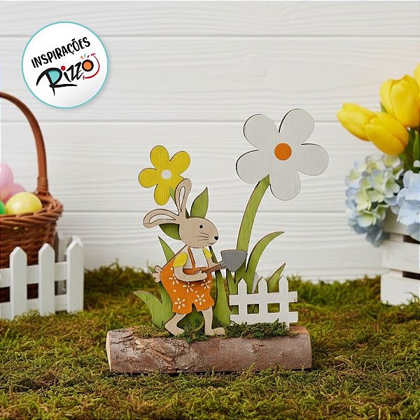 Coelho Com Flores Rústico Decorativo - 15cm x 15m x 5cm - Cromus Páscoa Rizzo Embalagens