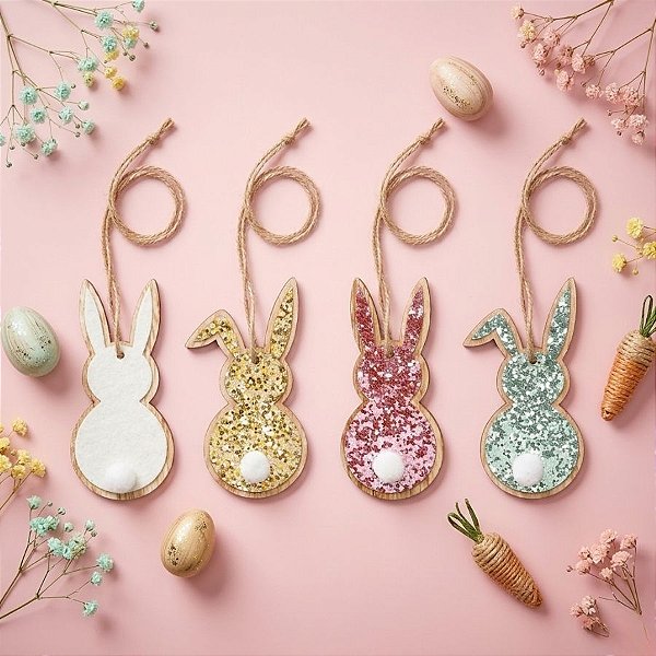 Tag de Coelho com Glitter Sortido Decorativo - 8cm x 3,5 cm x 1cm - Cromus Páscoa