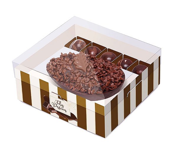 Caixa New Practice Meio Ovo com Bombons Chocolate Listras Marfim 350g - 06 unidades - Cromus Páscoa - Rizzo