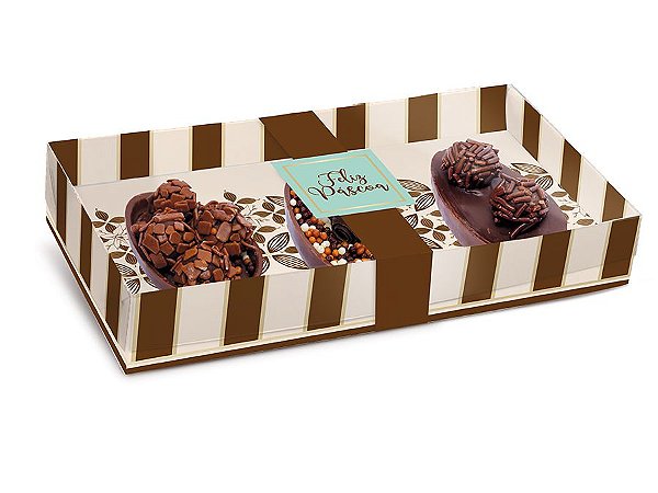 Caixa New Practice Três Meio Ovo Mini 50g 21,5x11x4cm Chocolate Marfim - 06 unidades - Cromus Páscoa - Rizzo Embalagens