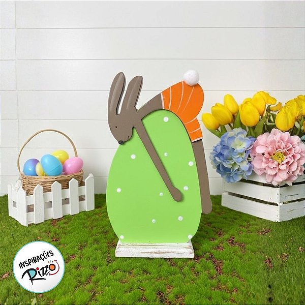 Coelho de MDF Rústico em Ovo Verde 11190 - 01 unidade - Páscoa - Rizzo Embalagens