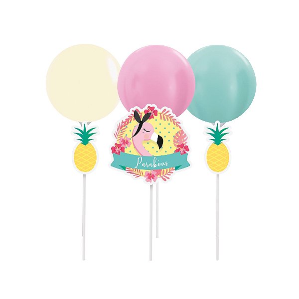 Kit Topo de Bolo com Balão - Festa Tropical Flamingo - 01 unidade - Cromus - Rizzo Festas