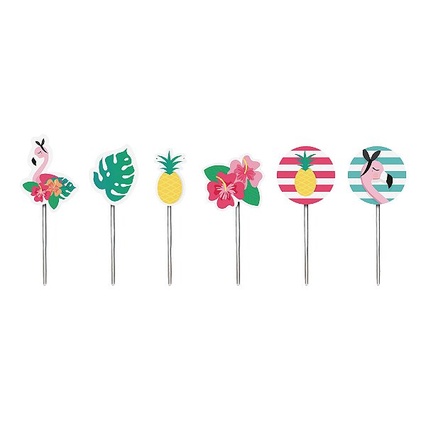 Pick Decorativo Sortido - Festa Tropical Flamingo - 12 unidades - Cromus - Rizzo Festas