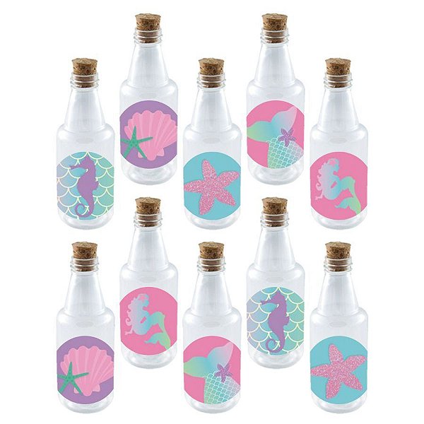 Garrafinha de Plástico 50ml com Tampa Rolha - Festa Sereia - 10 Unidades - Rizzo