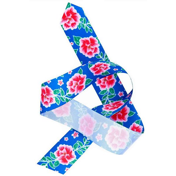 Fita de Gorgurão Chita Azul Flores Pink 38mm - 10 metros - Progresso - Rizzo Embalagens