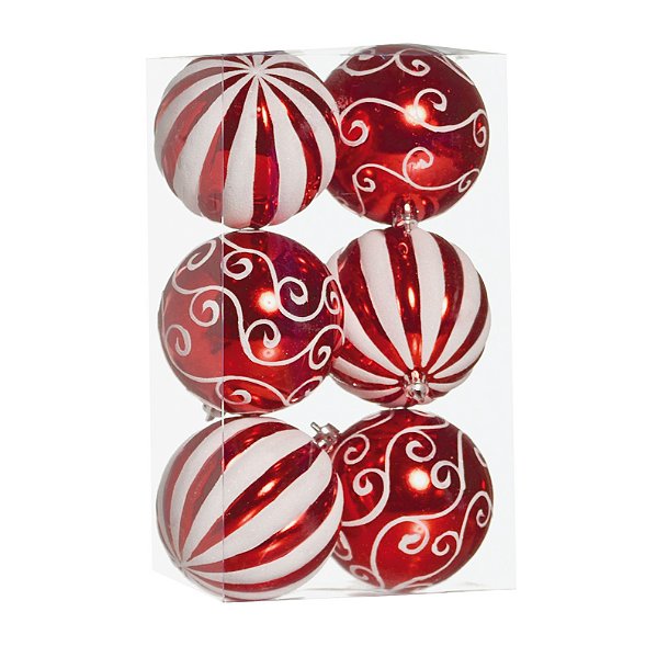 Kit Bolas Texturizadas Vermelho/Branco 8cm - 06 unidades - Cromus Natal - Rizzo Embalagens