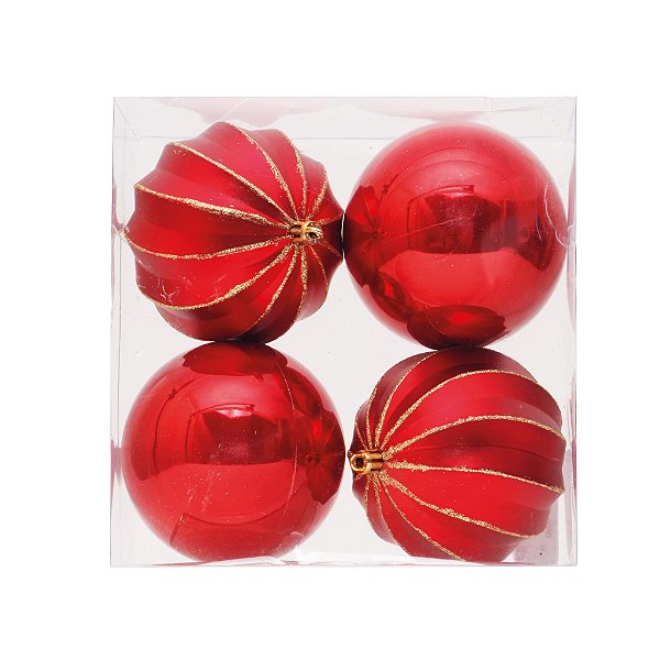 Kit Bolas Texturizadas Vermelho/Dourado 10cm - 04 unidades - Cromus Natal - Rizzo Embalagens
