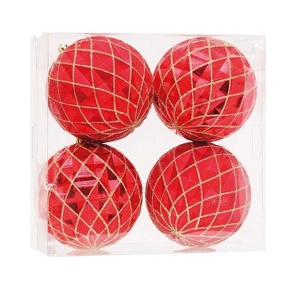 Kit Bolas Texturizadas Vermelho 10cm - 04 unidades - Cromus Natal - Rizzo Embalagens