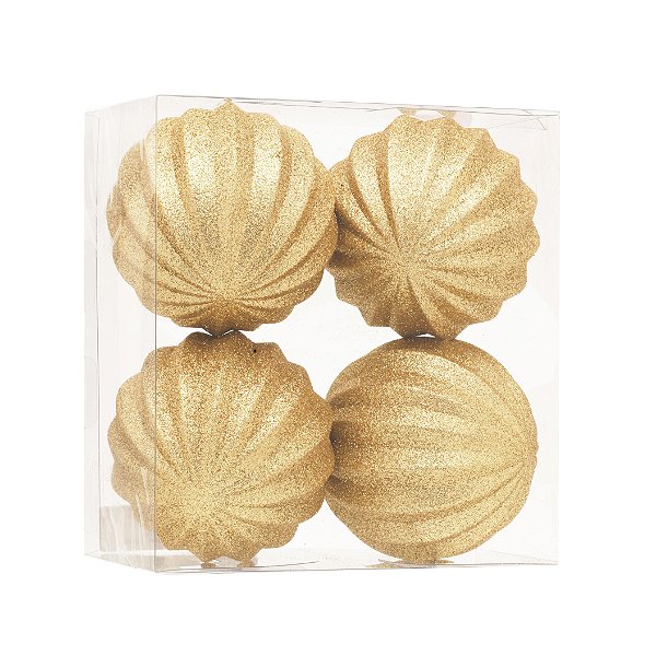 Kit Bolas Texturizadas Glitter Dourado 10cm - 04 unidades - Cromus Natal - Rizzo Embalagens