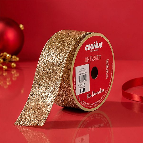 Fita Glitter Ouro 3,8cm - 01 unidade 9,14m - Cromus Natal - Rizzo