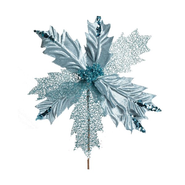 Flor de Natal Poinsettia Azul com Cabo Curto - 01 unidade - Cromus Natal - Rizzo Embalagens