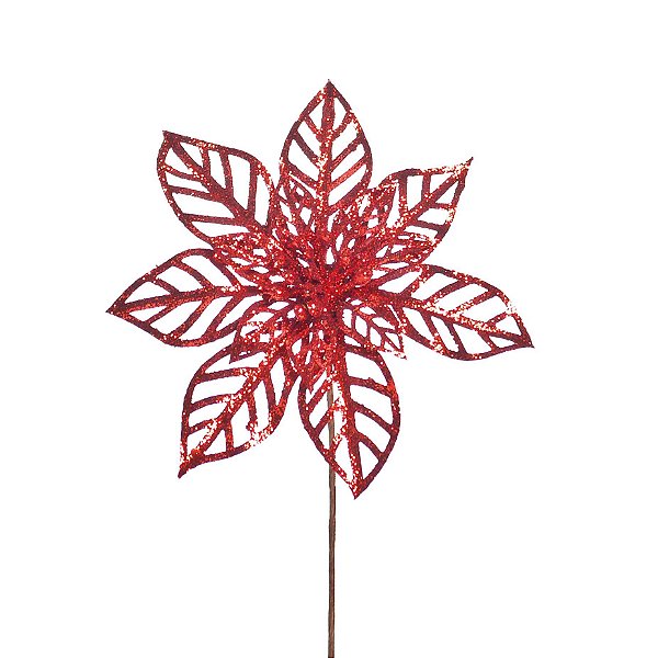 Flor de Natal Poinsettia 14 Petalas Vazadas Vermelho Cabo Curto - 01 unidade - Cromus Natal - Rizzo Embalagens