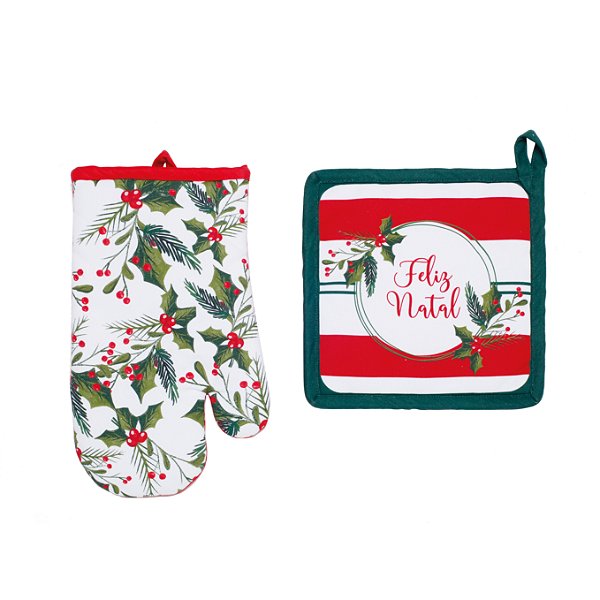 Kit Pegador e Luva de Natal Azevinho e Feliz Natal - Cromus Natal - Rizzo Embalagens