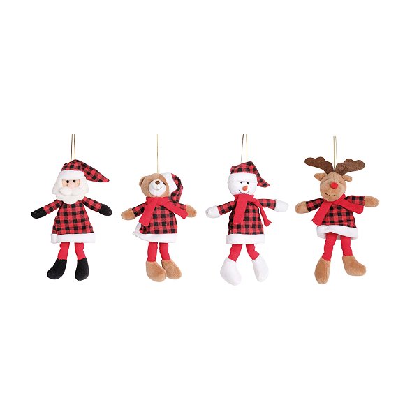 Enfeite para Pendurar Mini Boneco Xadrez Vermelho/Preto Sortida 18cm - 01 unidade - Cromus Natal - Rizzo Embalagens