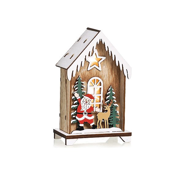 Casa em Madeira com LED Noel e Rena 15cm - 01 unidade - Cromus Natal - Rizzo Embalagens