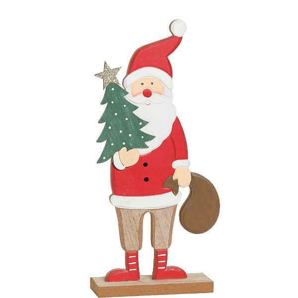 Noel em Madeira segurando Pinheiro 30cm - 01 unidade - Cromus Natal - Rizzo Embalagens