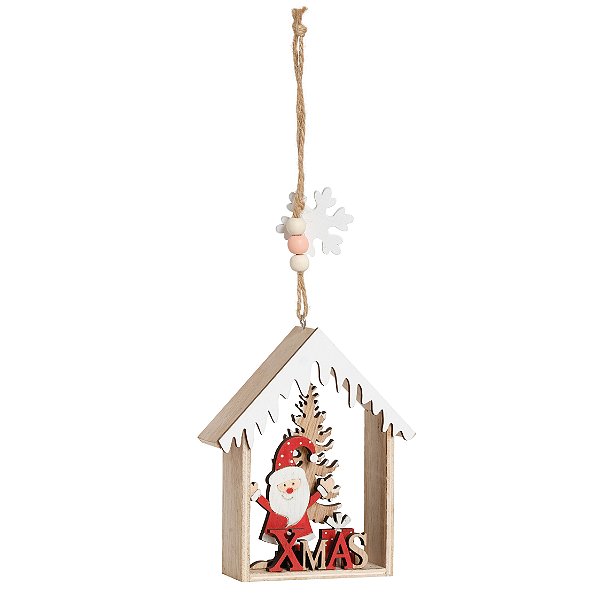 Enfeite para Pendurar Casinha com Noel em Madeira 12cm - 01 unidade - Cromus Natal - Rizzo Embalagens