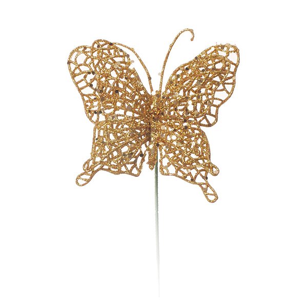 Pick Borboleta Glitter Ouro Natal 24cm - 01 unidade - Cromus Natal - Rizzo Embalagens