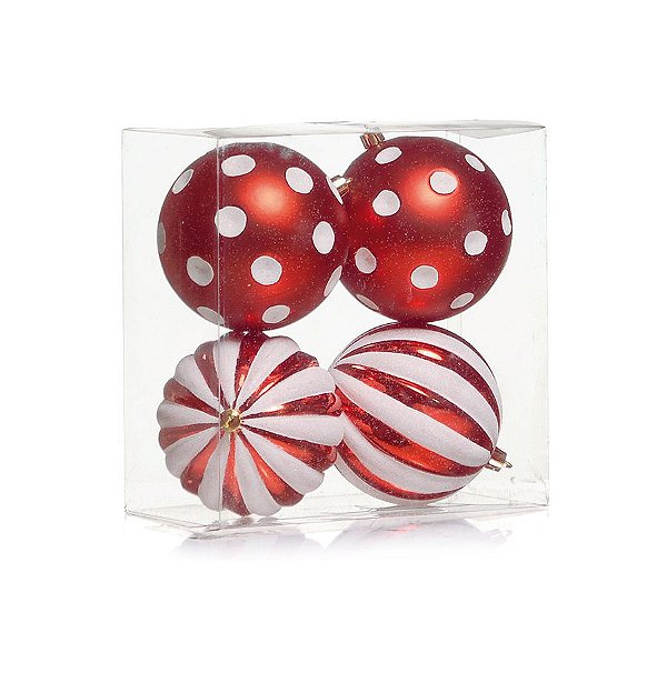 Kit Bolas Texturizadas Vermelho e Branco 10cm - 04 unidades - Cromus Natal - Rizzo Embalagens