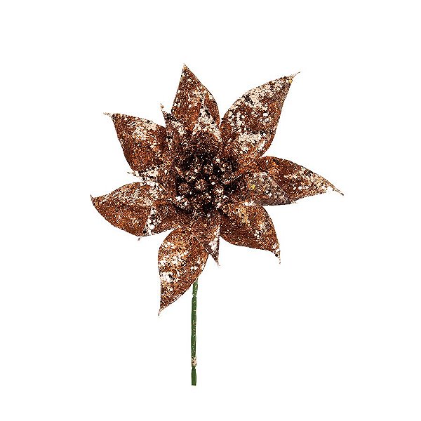 Flor Cabo Curto Rose Gold com Glitter 25cm - 01 unidade - Cromus Natal - Rizzo Embalagens