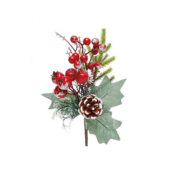 Galho Curto Folhas e Frutas Vermelhas Nevadas 20cm - 01 unidade - Cromus Natal - Rizzo Embalagens
