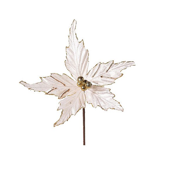 Flor Cabo Curto Poinsettia de Veludo Branco e Ouro 15cm - 01 unidade - Cromus Natal - Rizzo Embalagens