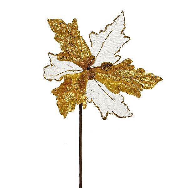 Flor Cabo Curto Branco e Ouro com Glitter 20cm - 01 unidade - Cromus Natal - Rizzo Embalagens