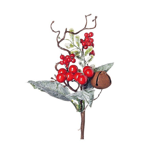 Galho Curto Frutas Vermelhas e Folhas Nevadas 20cm - 01 unidade - Cromus Natal - Rizzo Embalagens