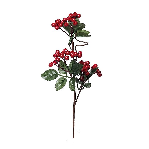 Galho Curto Folhas Frutas Vermelhas 25cm - 01 unidade - Cromus Natal - Rizzo Embalagens