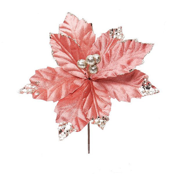 Flor Cabo Curto Veludo Rosa e Glitter 20cm - 01 unidade - Cromus Natal - Rizzo Embalagens