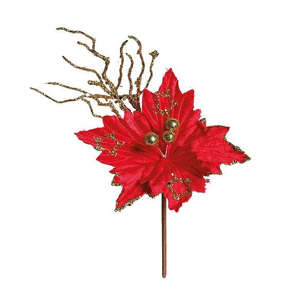 Flor Cabo Curto Poinsettia Vermelho e Glitter Ouro 20cm - 01 unidade - Cromus Natal - Rizzo Embalagens