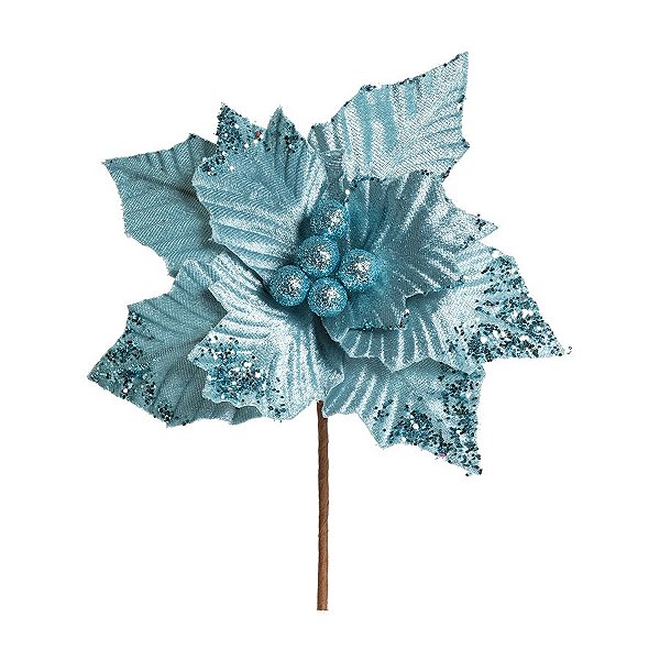 Flor Cabo Curto Poinsettia Azul 20cm - 01 unidade - Cromus Natal - Rizzo Embalagens