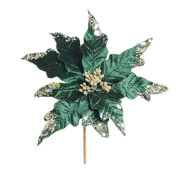 Flor Cabo Curto Poinsettia Azul com Glitter Ouro 20cm - 01 unidade - Cromus Natal - Rizzo Embalagens