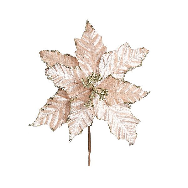 Flor Cabo Curto Poinsettia Nude Veludo Glitter Ouro 30cm - 01 unidade - Cromus Natal - Rizzo Embalagens