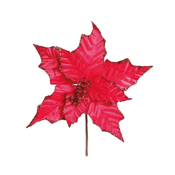 Flor Cabo Curto Poinsettia Vermelho Veludo com Glitter 30cm - 01 unidade - Cromus Natal - Rizzo Embalagens