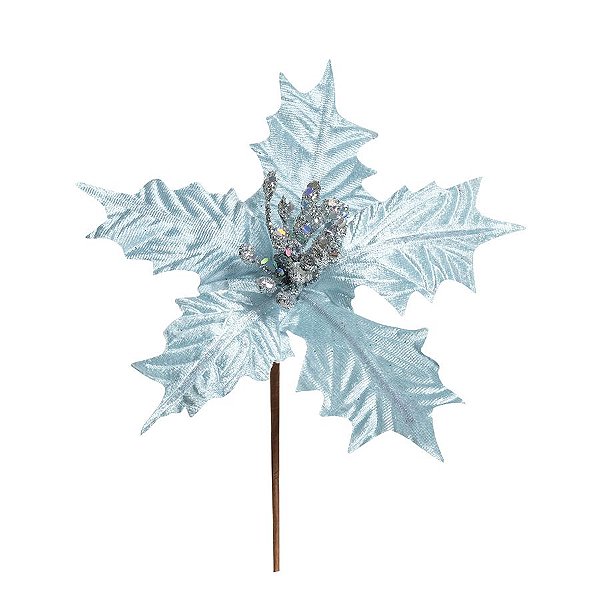 Flor Cabo Curto Poinsettia Azul Claro Veludo 20cm - 01 unidade - Cromus Natal - Rizzo Embalagens