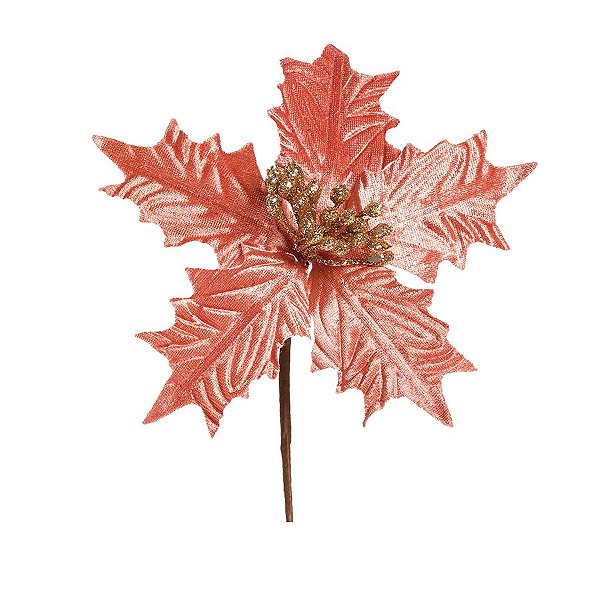 Flor Cabo Curto Poinsettia Rose com Ouro 20cm - 01 unidade - Cromus Natal - Rizzo Embalagens