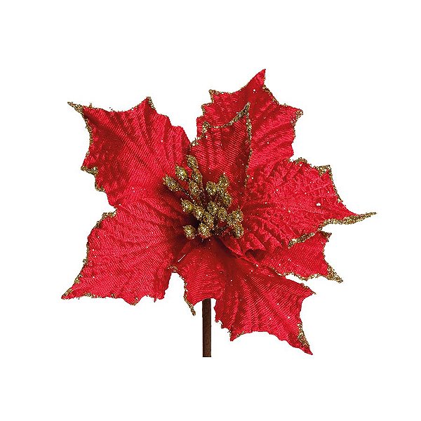 Flor Cabo Curto Poinsettia Vermelho com Ouro 15cm - 01 unidade - Cromus Natal - Rizzo Embalagens