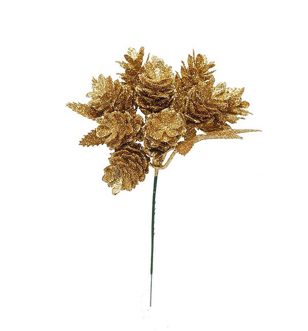 Pick Pinha Dourado com Glitter 20cm- 01 unidade - Cromus Natal - Rizzo Embalagens