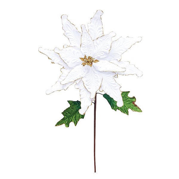 Flor Cabo Longo Branco com Folhas Verdes 65cm - 01 unidade - Cromus Natal - Rizzo Embalagens