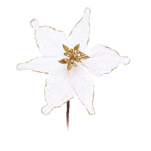 Flor Cabo Curto Branco com Glitter Ouro 20cm - 01 unidade - Cromus Natal - Rizzo Embalagens
