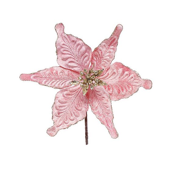 Flor Cabo Curto Rosa com Glitter Ouro 20cm - 01 unidade - Cromus Natal - Rizzo Embalagens